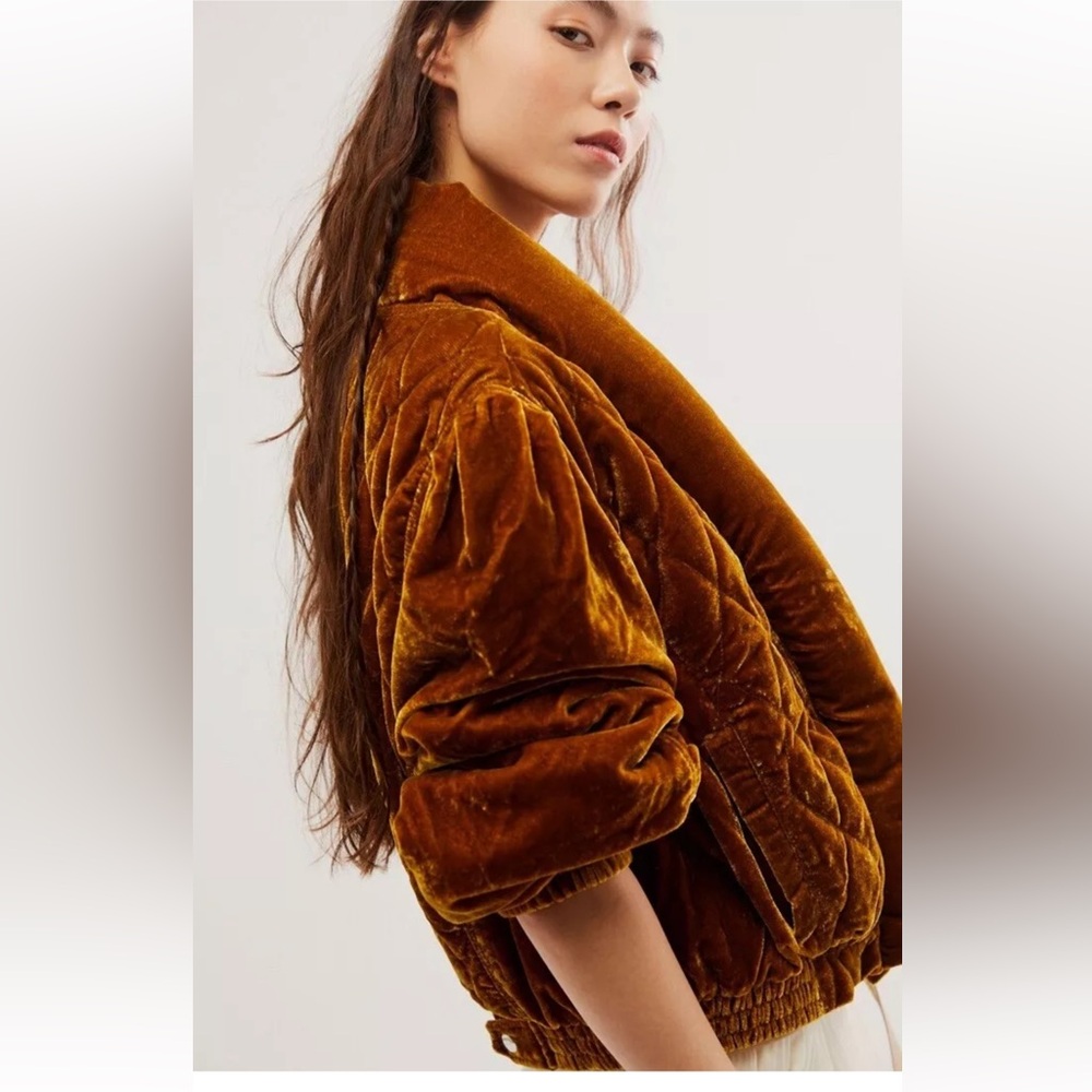 Free People Good Game Bomber Jacket Velvet Quilted Puffy Side Pockets Topaz Gold